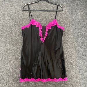Victorias Secret Nightgown Slip Dress Large Black Satin Pink Lace Cami Babydoll